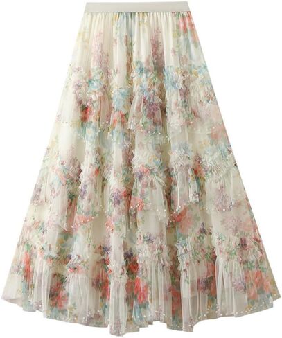 Womens Floral Tulle Midi Skirt High Waisted A Line Cute Fairy Mesh Layered Skirt in Saudi Arabia