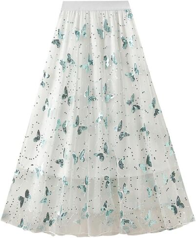 Womens Floral Tulle Midi Skirt High Waisted A Line Cute Fairy Mesh Layered Skirt in Saudi Arabia