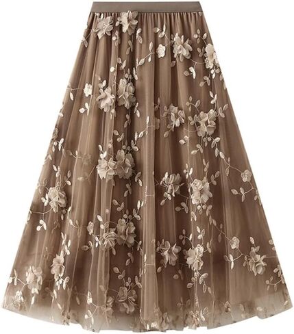 Womens Floral Tulle Midi Skirt High Waisted A Line Cute Fairy Mesh Layered Skirt in Saudi Arabia