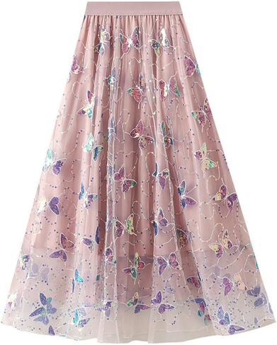 Womens Floral Tulle Midi Skirt High Waisted A Line Cute Fairy Mesh Layered Skirt in Saudi Arabia