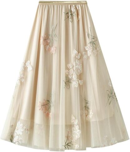 Womens Floral Tulle Midi Skirt High Waisted A Line Cute Fairy Mesh Layered Skirt in Saudi Arabia