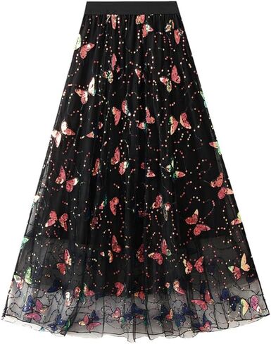 Womens Floral Tulle Midi Skirt High Waisted A Line Cute Fairy Mesh Layered Skirt in Saudi Arabia