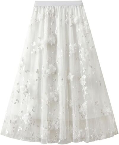 Womens Floral Tulle Midi Skirt High Waisted A Line Cute Fairy Mesh Layered Skirt in Saudi Arabia