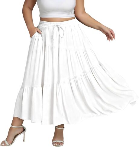 Women's Plus Size Maxi Skirt High Waisted Ruffle Tiered A Line Flowy Long Maxi Skirt with Pockets in Saudi Arabia