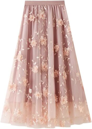 Womens Floral Tulle Midi Skirt High Waisted A Line Cute Fairy Mesh Layered Skirt in Saudi Arabia