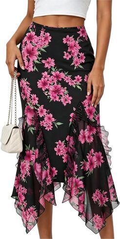 Women's Summer Floral Mesh Midi Skirt Beach Long Skirt 2026 Floral Mesh High Waist Fishtail Flowy Skirts Vacation in Saudi Arabia
