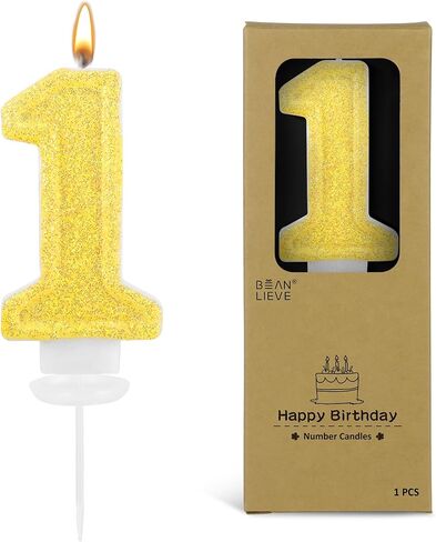 BEAN LIEVE Birthday Candles 2.76 Inch Large Number Candles with Yellow Glitter, Dazzling Sequins Cake Toppers for Adult Birthday Party, Baby Birthday, Yellow Themed Party Decorations (Number 1) in Saudi Arabia