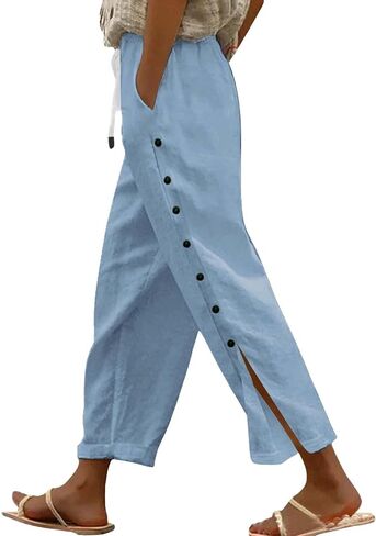 Linen Pants for Women,2026 Summer Casual Lightweight Side-Buttoned Straight Leg Cropped Pant Beach Vacation Outfits in Saudi Arabia