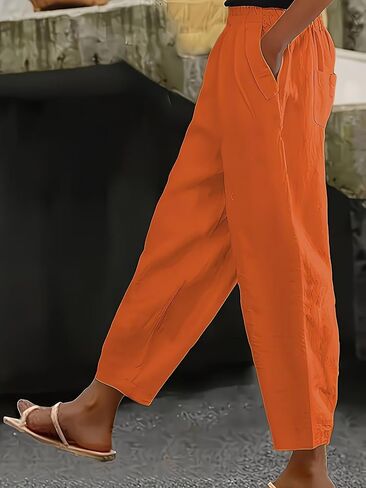 Women's Plus Size Casual High Waist Pants Loose Comfy Pocketed Trousers Solid Color Elastic Waist Pants for Daily Wear in Saudi Arabia