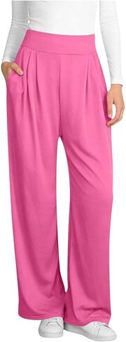 Wide Leg Pants for Women, Elastic High Waisted Casual Trouser, Loose Fit Lounge Pant with Pockets in Kuwait