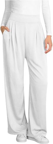 Wide Leg Pants for Women, Elastic High Waisted Casual Trouser, Loose Fit Lounge Pant with Pockets in Kuwait