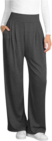 Wide Leg Pants for Women, Elastic High Waisted Casual Trouser, Loose Fit Lounge Pant with Pockets in Kuwait