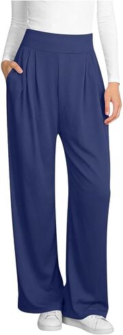 Wide Leg Pants for Women, Elastic High Waisted Casual Trouser, Loose Fit Lounge Pant with Pockets in Kuwait