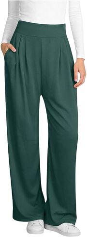 Wide Leg Pants for Women, Elastic High Waisted Casual Trouser, Loose Fit Lounge Pant with Pockets in Kuwait