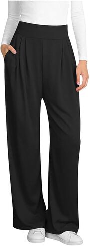 Wide Leg Pants for Women, Elastic High Waisted Casual Trouser, Loose Fit Lounge Pant with Pockets in Kuwait