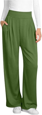 Wide Leg Pants for Women, Elastic High Waisted Casual Trouser, Loose Fit Lounge Pant with Pockets in Kuwait