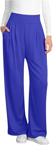 Wide Leg Pants for Women, Elastic High Waisted Casual Trouser, Loose Fit Lounge Pant with Pockets in Kuwait