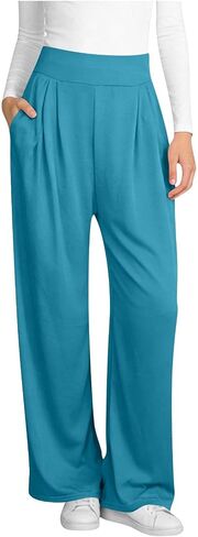 Wide Leg Pants for Women, Elastic High Waisted Casual Trouser, Loose Fit Lounge Pant with Pockets in Kuwait