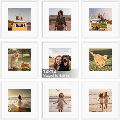 KINLINK 12x12 Frame Set of 9, 12 by 12 Square Picture Frames with Plexiglass for Picture 8x8 with Mat or 12x12 without Mat Art Collage for Wall Gallery and Tabletop Display, 12 x 12 Frame White in Saudi Arabia