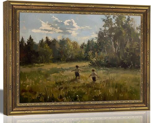 Vintage Gold Framed Wall Art, Retro Countryside Canvas Print, Boys Playing Landscape Oil Painting, for Rustic Living Room and Bedroom, 9x11 Inch in Kuwait
