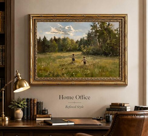 Vintage Gold Framed Wall Art, Retro Countryside Canvas Print, Boys Playing Landscape Oil Painting, for Rustic Living Room and Bedroom, 9x11 Inch in Kuwait