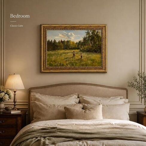 Vintage Gold Framed Wall Art, Retro Countryside Canvas Print, Boys Playing Landscape Oil Painting, for Rustic Living Room and Bedroom, 9x11 Inch in Kuwait