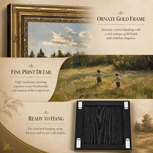 Vintage Gold Framed Wall Art, Retro Countryside Canvas Print, Boys Playing Landscape Oil Painting, for Rustic Living Room and Bedroom, 9x11 Inch in Kuwait