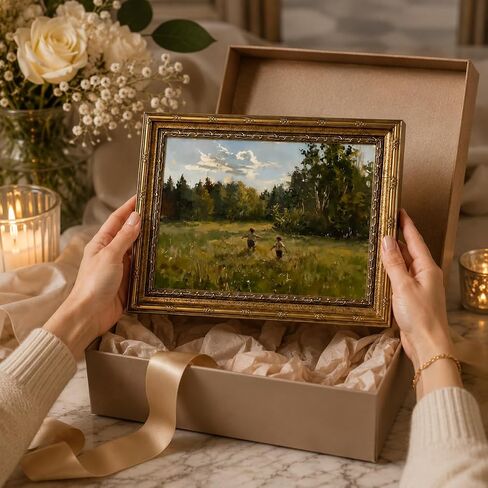 Vintage Gold Framed Wall Art, Retro Countryside Canvas Print, Boys Playing Landscape Oil Painting, for Rustic Living Room and Bedroom, 9x11 Inch in Kuwait