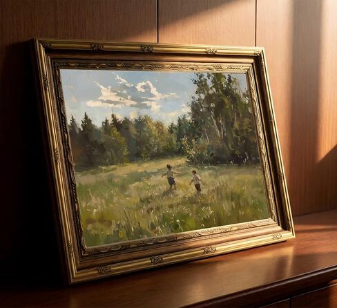 Vintage Gold Framed Wall Art, Retro Countryside Canvas Print, Boys Playing Landscape Oil Painting, for Rustic Living Room and Bedroom, 9x11 Inch in Kuwait