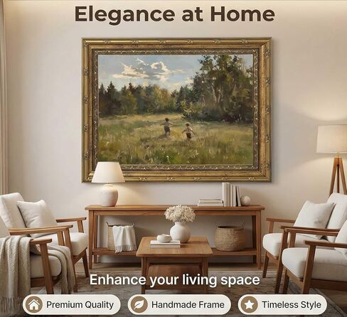 Vintage Gold Framed Wall Art, Retro Countryside Canvas Print, Boys Playing Landscape Oil Painting, for Rustic Living Room and Bedroom, 9x11 Inch in Kuwait