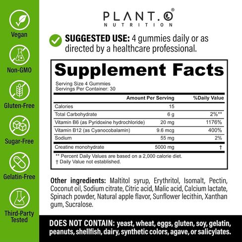 Creatine Monohydrate Gummies Sugar Free – 5000mg (5g) Per Serving (4 Gummies), 120 Count – Crisp Sour Green Apple Flavor – No Mixing – Vegan Creatine Gummies for Men & Women, Non-GMO, Gluten Free in Saudi Arabia