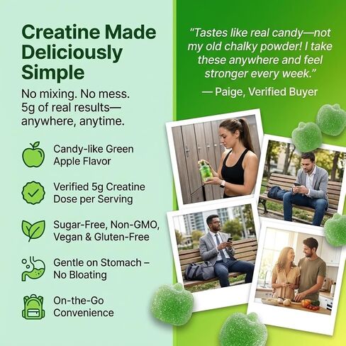 Creatine Monohydrate Gummies Sugar Free – 5000mg (5g) Per Serving (4 Gummies), 120 Count – Crisp Sour Green Apple Flavor – No Mixing – Vegan Creatine Gummies for Men & Women, Non-GMO, Gluten Free in Saudi Arabia