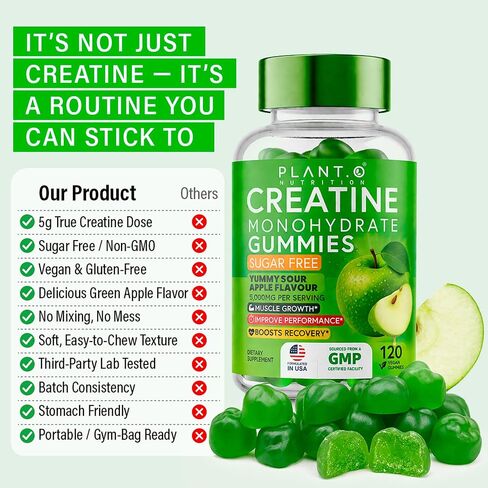 Creatine Monohydrate Gummies Sugar Free – 5000mg (5g) Per Serving (4 Gummies), 120 Count – Crisp Sour Green Apple Flavor – No Mixing – Vegan Creatine Gummies for Men & Women, Non-GMO, Gluten Free in Saudi Arabia