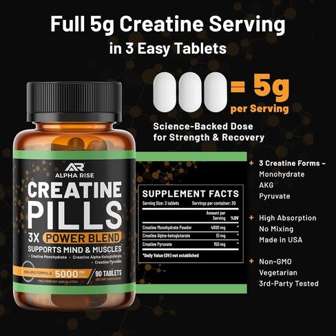 Creatine Pills for Men | 90 Tablets | High Dose 5g Daily | 3X Power Blend - Monohydrate, AKG & Pyruvate | No Powder | Non-GMO in Saudi Arabia
