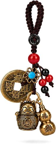 Feng Shui Brass Maneki Neko Lucky Cat Keychain with Lucky Coins & Tassel, Good Luck Charm for Bag Car Pendant Gift in Saudi Arabia