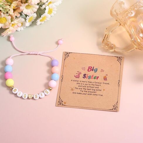 Mikovivi Big Sister Bracelet, Round Shaped Bead Letter Bracelet with Card Adjustable Stylish Sister Jewelry for Birthday Accessories in Kuwait