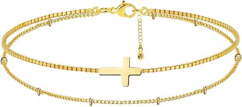 Layered Cross Bracelet for Women, Cute Stack Double Thin Link Chain Bracelet With Dainty Sideways Cross Design, Adjustable Religious Trendy Jewelry Gift, Gold & Silver in Saudi Arabia