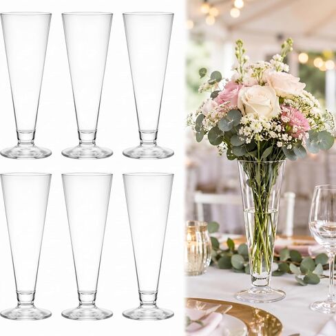 6 Pcs 9'' Trumpet Plastic Vase Clear Tall V Shape Vases for Centerpieces Small Slim Flower Planter Container Wedding Table Decor for Single Rose Bulk Home Aesthetic Desk Party Decorations in Kuwait