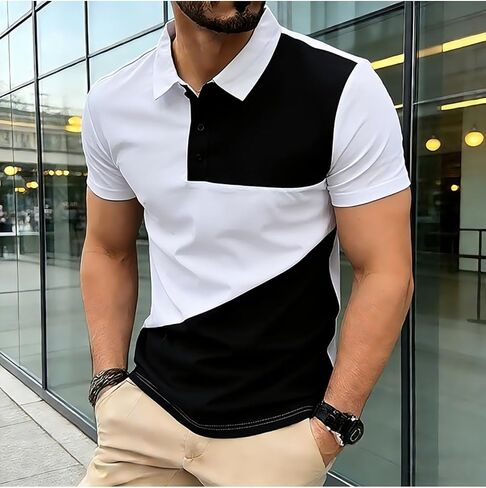 Men's Color Block Polo Shirt Short Sleeve Slim Fit Casual Button Collar Top in Kuwait