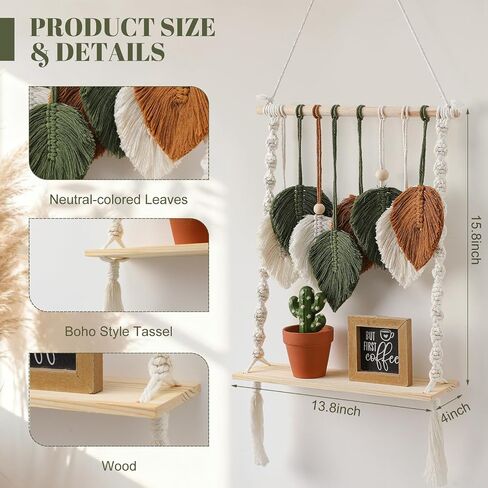 Single Tier Macrame Boho Wall Hanging Shelf Handmade Bohemian Wooden Woven Floating Storage Shelves Decor Photos Plants Display Shelving for Nursery Bathroom Bedroom Living Room in Kuwait