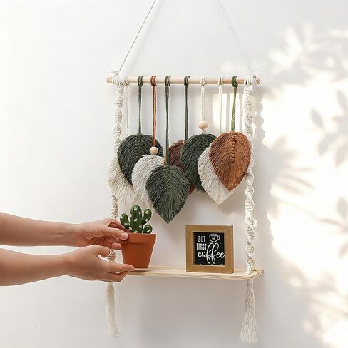 Single Tier Macrame Boho Wall Hanging Shelf Handmade Bohemian Wooden Woven Floating Storage Shelves Decor Photos Plants Display Shelving for Nursery Bathroom Bedroom Living Room in Kuwait