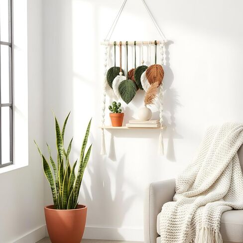 Single Tier Macrame Boho Wall Hanging Shelf Handmade Bohemian Wooden Woven Floating Storage Shelves Decor Photos Plants Display Shelving for Nursery Bathroom Bedroom Living Room in Kuwait