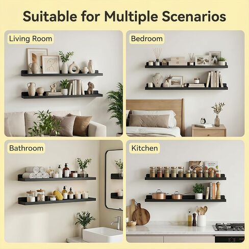 Floating Shelves Wall Mounted Set of 2, 36 Inch Long Picture Ledge Shelf with Lip, Metal Floating Shelves for Storage, Wall Shelves for Living Room, Bedroom, Bathroom, Kitchen, Black in Saudi Arabia