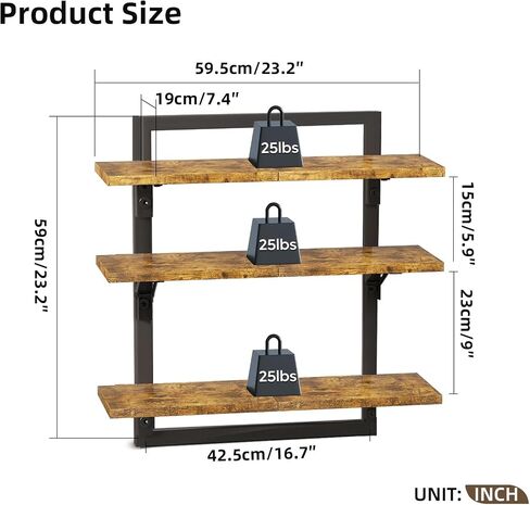 Floating Shelves for Wall, 24 inch Kitchen Shelves Wall Mounted, 3 Tier Coffee Bar Shelf with Foldable Brackets, Industrial Display Shelf for Bathroom, Living Room, Coffee Bar,Rustic Brown in Kuwait
