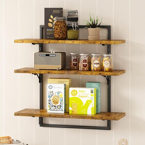 Floating Shelves for Wall, 24 inch Kitchen Shelves Wall Mounted, 3 Tier Coffee Bar Shelf with Foldable Brackets, Industrial Display Shelf for Bathroom, Living Room, Coffee Bar,Rustic Brown in Kuwait