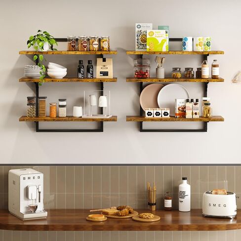 Floating Shelves for Wall, 24 inch Kitchen Shelves Wall Mounted, 3 Tier Coffee Bar Shelf with Foldable Brackets, Industrial Display Shelf for Bathroom, Living Room, Coffee Bar,Rustic Brown in Kuwait