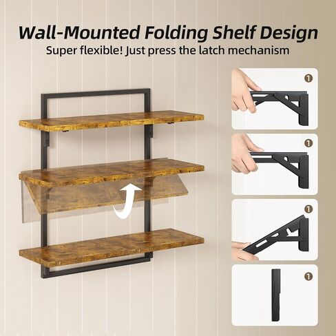 Floating Shelves for Wall, 24 inch Kitchen Shelves Wall Mounted, 3 Tier Coffee Bar Shelf with Foldable Brackets, Industrial Display Shelf for Bathroom, Living Room, Coffee Bar,Rustic Brown in Kuwait