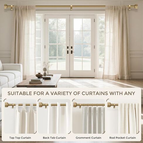 Warm Gold Curtain Rod for Windows 48 to 84 Inch, Heavy Duty Brass Curtain Rod, 1" Diameter Adjustable Gold Window Treatment Rods with Vintage Brushed Metal Finials for Bedroom Living Room Farmhouse in Saudi Arabia