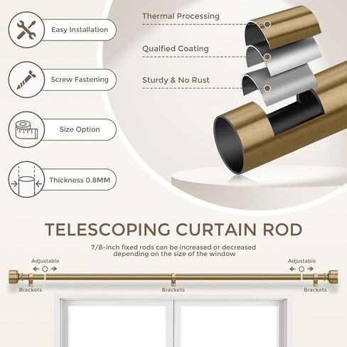 Warm Gold Curtain Rod for Windows 48 to 84 Inch, Heavy Duty Brass Curtain Rod, 1" Diameter Adjustable Gold Window Treatment Rods with Vintage Brushed Metal Finials for Bedroom Living Room Farmhouse in Saudi Arabia