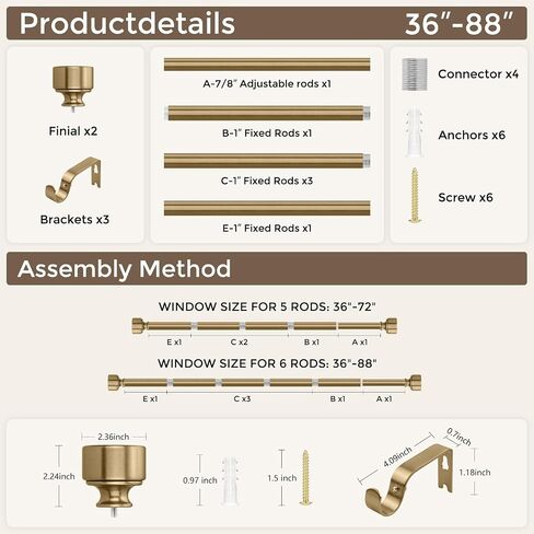 Warm Gold Curtain Rod for Windows 48 to 84 Inch, Heavy Duty Brass Curtain Rod, 1" Diameter Adjustable Gold Window Treatment Rods with Vintage Brushed Metal Finials for Bedroom Living Room Farmhouse in Saudi Arabia